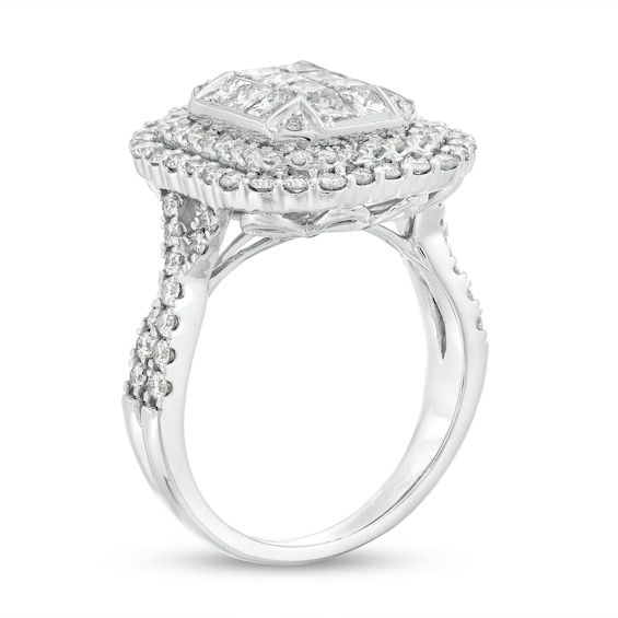 2 CT. T.w. Emerald-Shaped Multi-Diamond Double Frame Twist Shank Ring in 10K White Gold