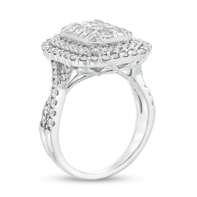 Main Image 3 of 2 CT. T.W. Emerald-Shaped Multi-Diamond Double Frame Twist Shank Ring in 10K White Gold