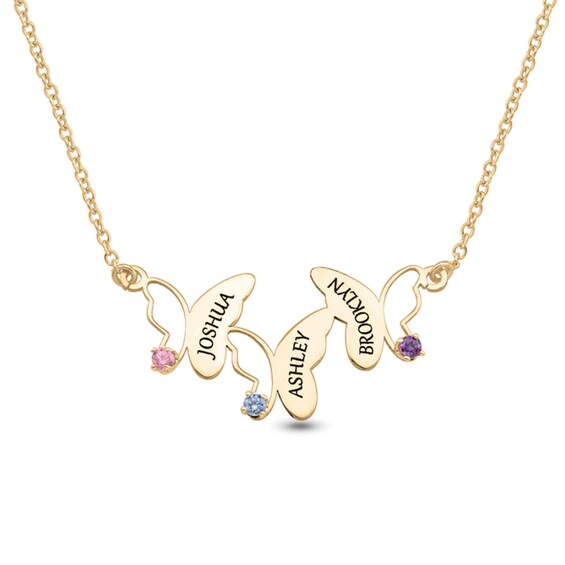 Mother's Gemstone Engravable Triple Butterfly Necklace (3 Stones and Names)