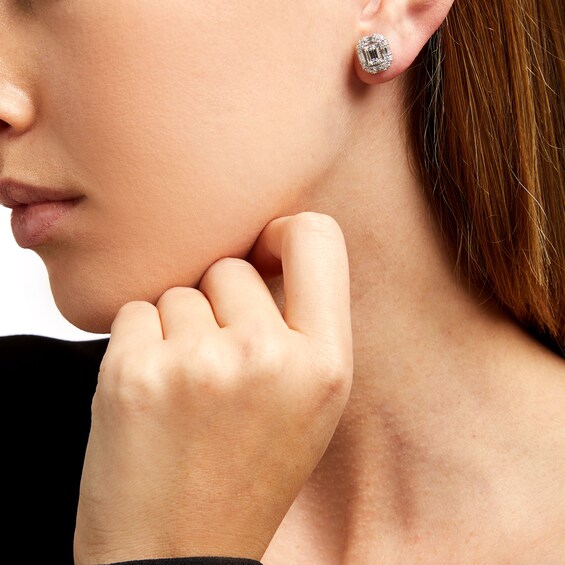 2 CT. T.w. Certified Emerald-Cut Lab-Grown Diamond Double Frame Stud Earrings in 14K White Gold (F/Si2)