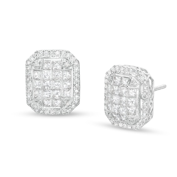 1-1/2 CT. T.w. Emerald-Shaped Multi-Diamond Frame Stud Earrings in 10K White Gold