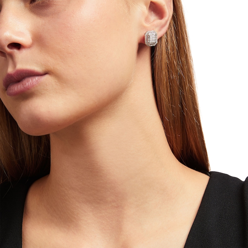 Main Image 2 of 1-1/2 CT. T.W. Emerald-Shaped Multi-Diamond Frame Stud Earrings in 10K White Gold