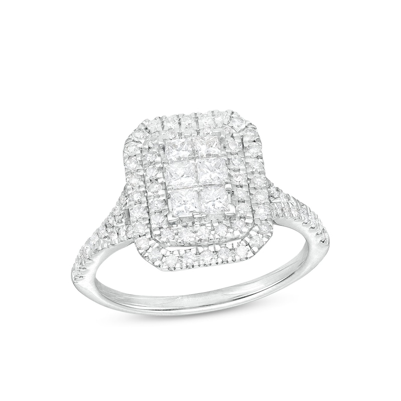 Main Image 1 of 1 CT. T.W. Emerald-Shaped Multi-Diamond Double Frame Split Shank Ring in 10K White Gold
