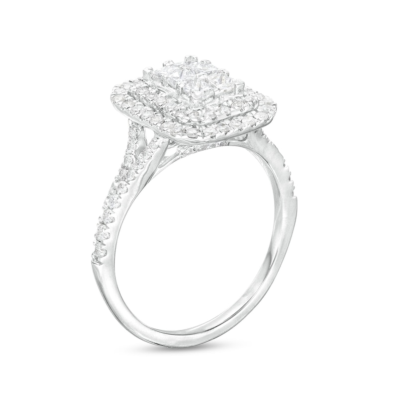 Main Image 3 of 1 CT. T.W. Emerald-Shaped Multi-Diamond Double Frame Split Shank Ring in 10K White Gold