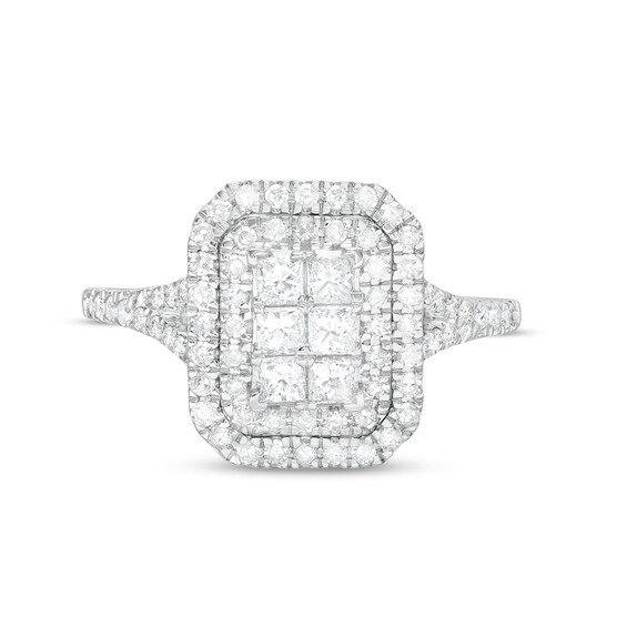 1 CT. T.w. Emerald-Shaped Multi-Diamond Double Frame Split Shank Ring in 10K White Gold