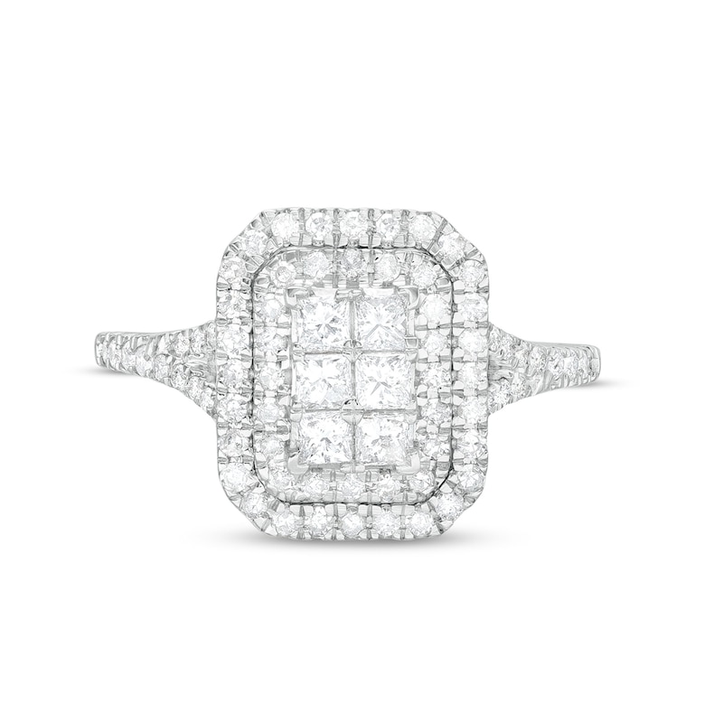 Main Image 4 of 1 CT. T.W. Emerald-Shaped Multi-Diamond Double Frame Split Shank Ring in 10K White Gold