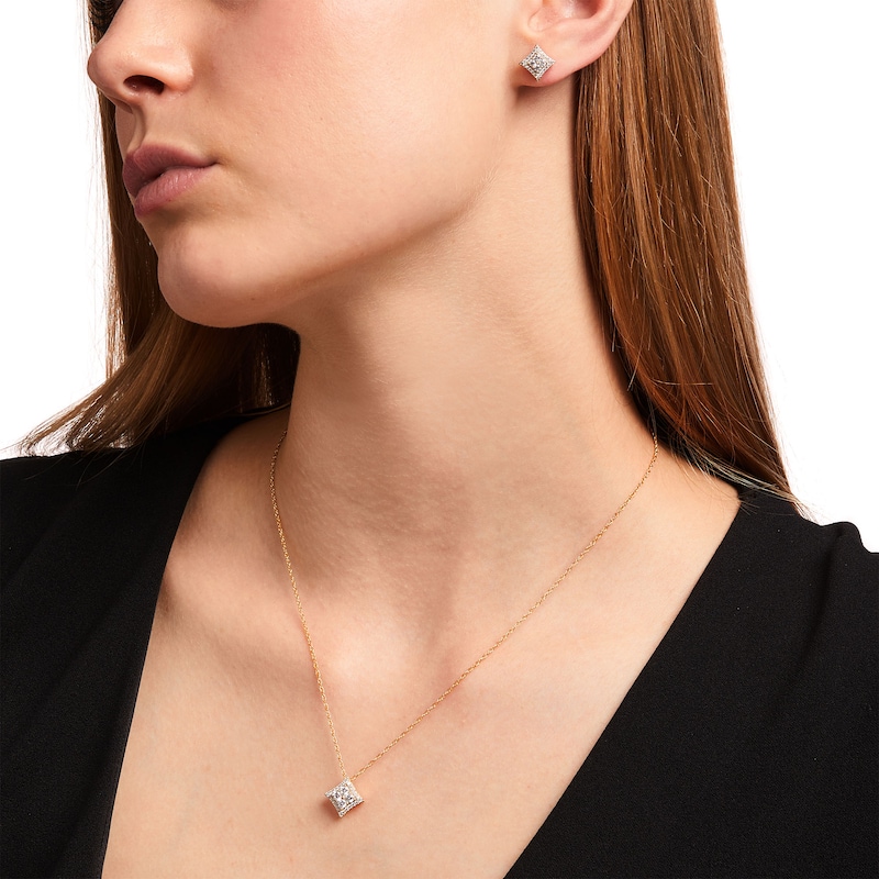 Main Image 2 of 1 CT. T.W. Princess-Shaped Multi-Diamond Concave Pendant and Stud Earrings Set in 10K Gold