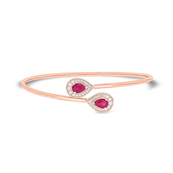 Pear-Shaped Lab-Created Ruby and 1/3 CT. T.w. Diamond Frame Flexible Bangle in Sterling Silver with 14K Rose Gold Plate