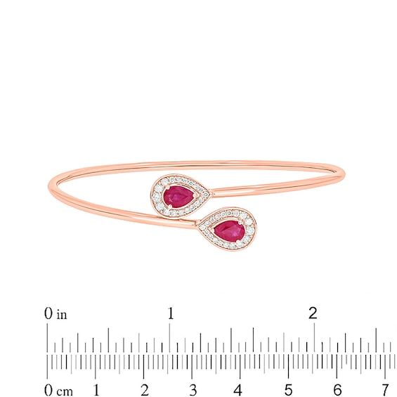 Pear-Shaped Lab-Created Ruby and 1/3 CT. T.w. Diamond Frame Flexible Bangle in Sterling Silver with 14K Rose Gold Plate