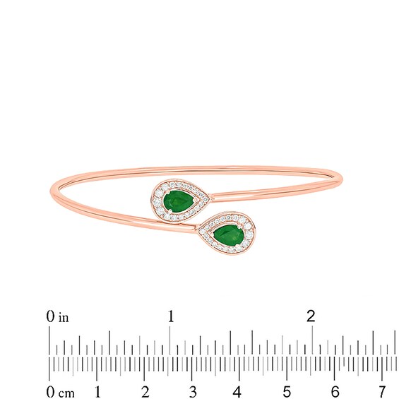 Pear-Shaped Lab-Created Emerald and 1/3 CT. T.w. Diamond Frame Flexible Bangle in Sterling Silver with 14K Rose Gold Plate