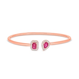 Pear-Shaped and Emerald-Cut Lab-Created Ruby and 1/4 CT. T.W. Diamond Bangle in Sterling Silver with 14K Rose Gold Plate