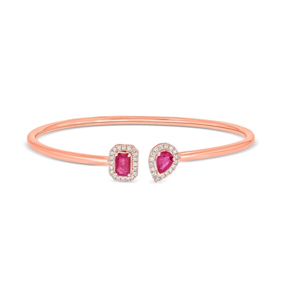 Pear-Shaped and Emerald-Cut Lab-Created Ruby and 1/4 CT. T.w. Diamond Bangle in Sterling Silver with 14K Rose Gold Plate