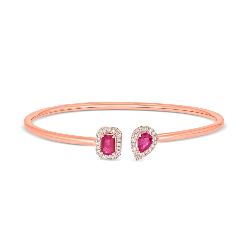 Main Image 1 of Pear-Shaped and Emerald-Cut Lab-Created Ruby and 1/4 CT. T.W. Diamond Bangle in Sterling Silver with 14K Rose Gold Plate