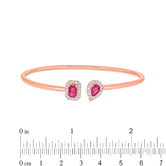 Pear-Shaped and Emerald-Cut Lab-Created Ruby and 1/4 CT. T.w. Diamond Bangle in Sterling Silver with 14K Rose Gold Plate
