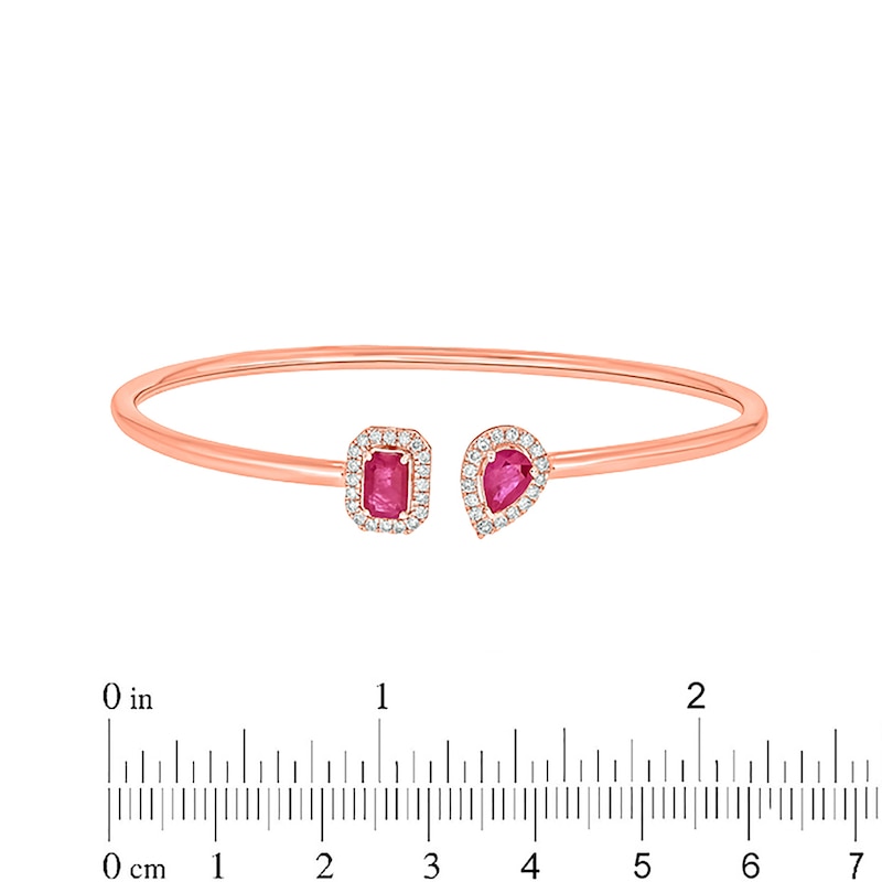 Main Image 2 of Pear-Shaped and Emerald-Cut Lab-Created Ruby and 1/4 CT. T.W. Diamond Bangle in Sterling Silver with 14K Rose Gold Plate