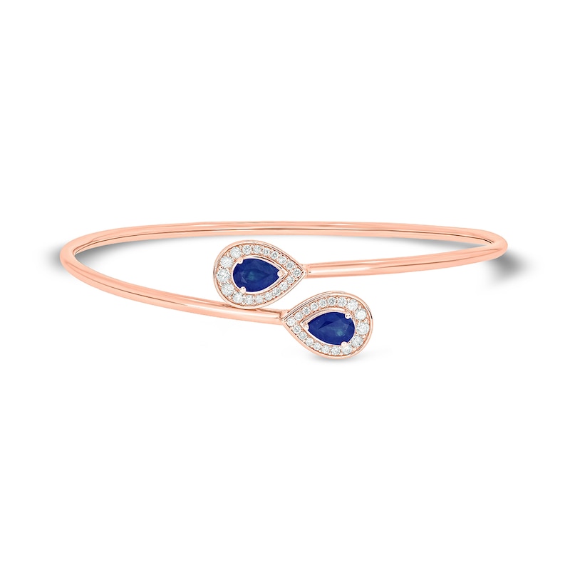 Main Image 1 of Pear-Shaped Blue Lab-Created Sapphire and 1/3 CT. T.W. Diamond Flexible Bangle in Sterling Silver with 14K Rose Gold Plate