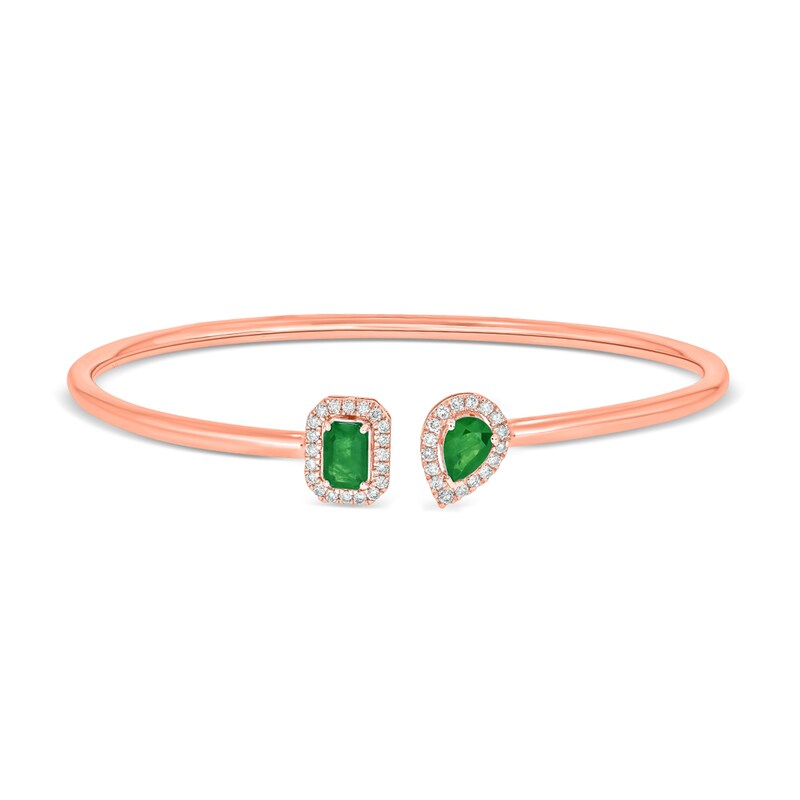 Main Image 1 of Lab-Created Emerald and 1/4 CT. T.W. Diamond Bangle in Sterling Silver with 14K Rose Gold Plate