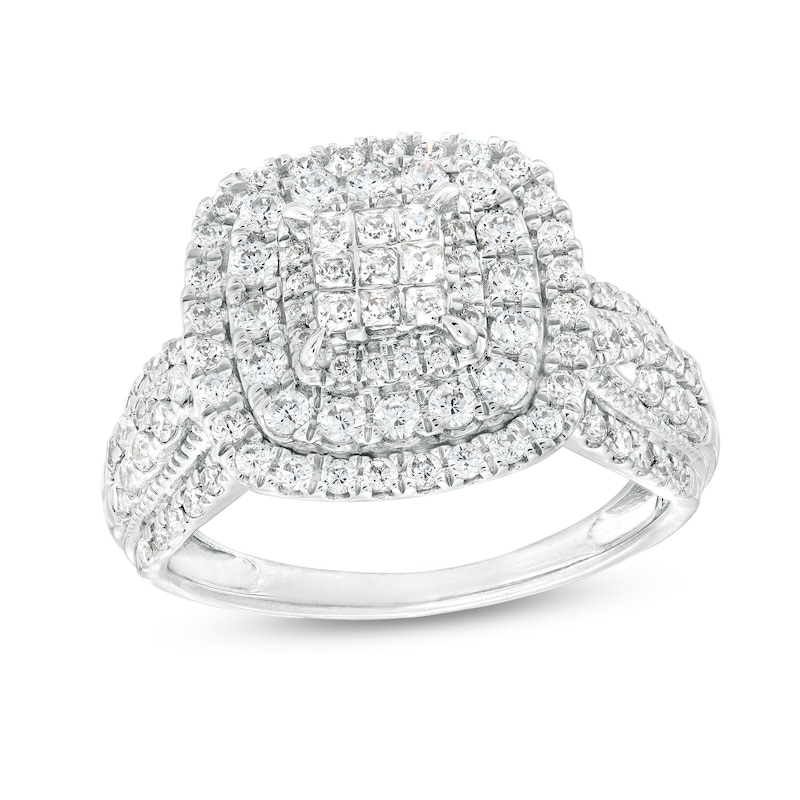 Main Image 1 of 1 CT. T.W. Princess-Cut Multi-Diamond Double Cushion Frame Vintage-Style Engagement Ring in 10K White Gold (J/I3)