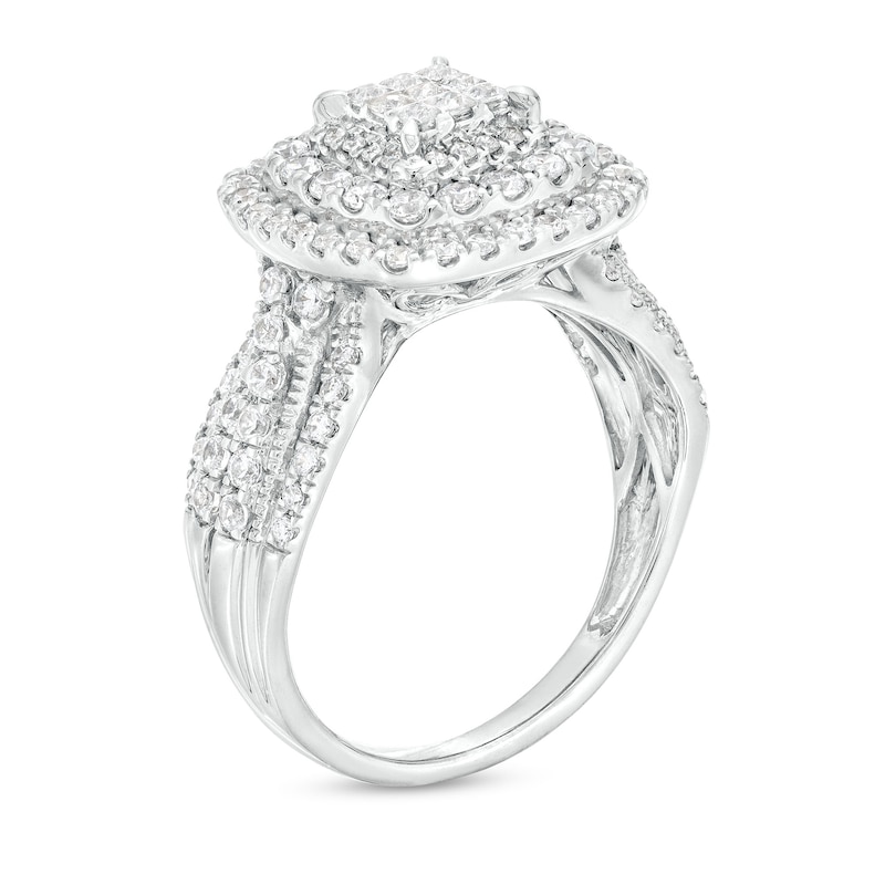 Main Image 3 of 1 CT. T.W. Princess-Cut Multi-Diamond Double Cushion Frame Vintage-Style Engagement Ring in 10K White Gold (J/I3)