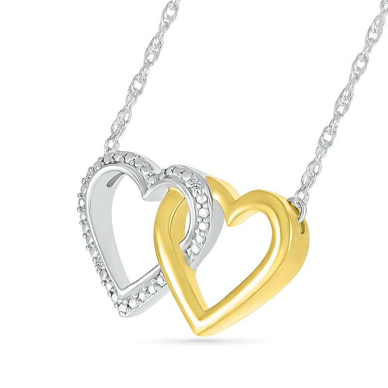 Main Image 2 of Diamond Accent Double Linked Heart Necklace in Sterling Silver and 14K Gold Plate