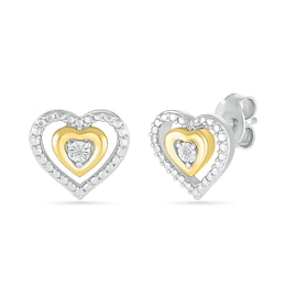 Diamond Accent Double Heart Stud Earrings in Sterling Silver and 14K Gold Plate