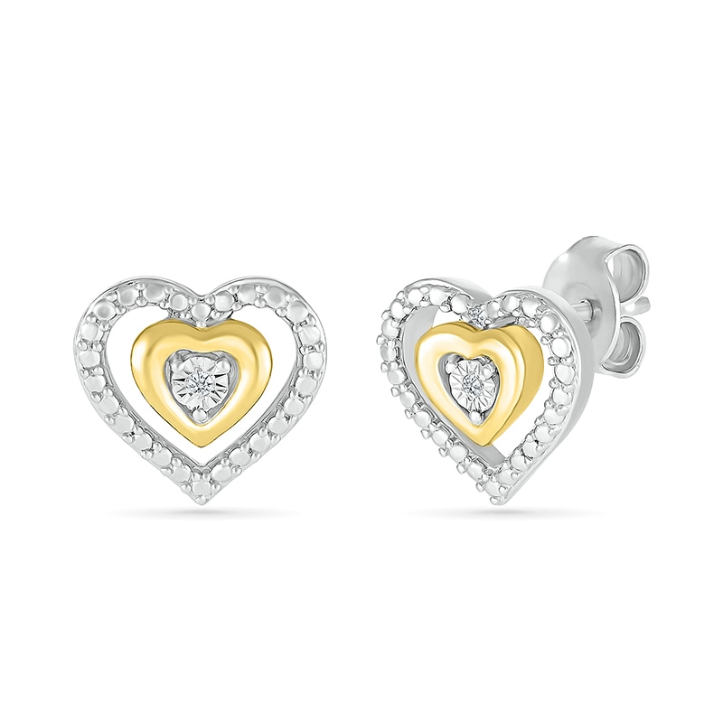 Main Image 1 of Diamond Accent Double Heart Stud Earrings in Sterling Silver and 14K Gold Plate