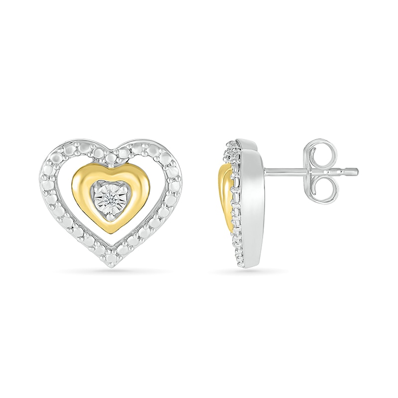 Main Image 2 of Diamond Accent Double Heart Stud Earrings in Sterling Silver and 14K Gold Plate