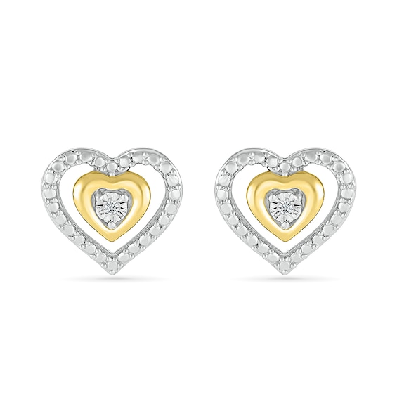 Diamond Accent Double Heart Stud Earrings in Sterling Silver and 14K Gold Plate