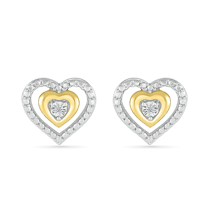 Main Image 3 of Diamond Accent Double Heart Stud Earrings in Sterling Silver and 14K Gold Plate