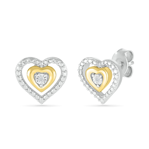 Diamond Accent Double Heart Stud Earrings in Sterling Silver and 14K Gold Plate