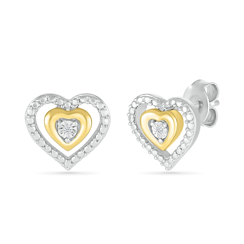 Diamond Accent Double Heart Stud Earrings in Sterling Silver and 14K Gold Plate