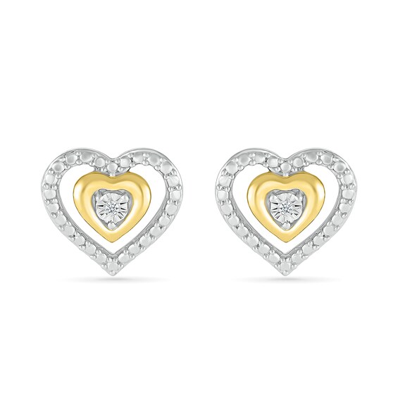 Diamond Accent Double Heart Stud Earrings in Sterling Silver and 14K Gold Plate