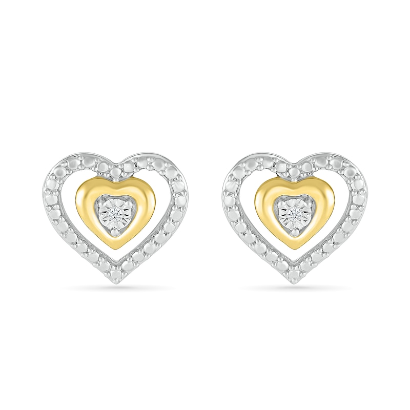 Main Image 3 of Diamond Accent Double Heart Stud Earrings in Sterling Silver and 14K Gold Plate
