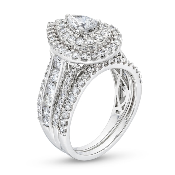 2 CT. T.w. Pear-Shaped Diamond Teardrop Frame Tiered Bridal Set in 14K White Gold