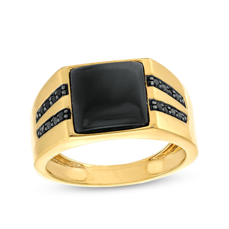 Main Image 1 of Men's 10.0mm Square Onyx and 1/6 CT. T.W. Black Diamond Double Row Ring in 10K Gold
