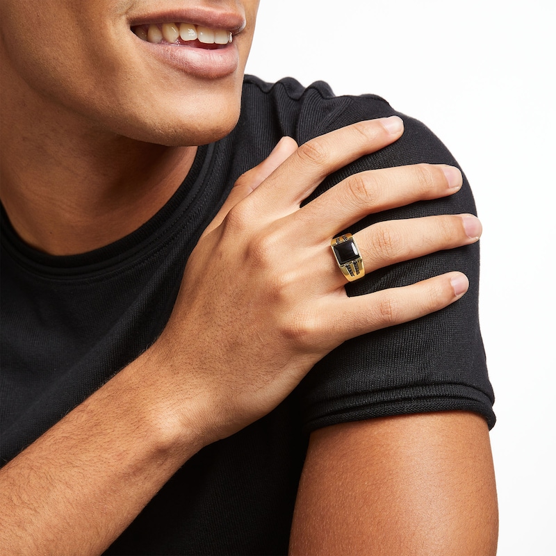 Main Image 2 of Men's 10.0mm Square Onyx and 1/6 CT. T.W. Black Diamond Double Row Ring in 10K Gold