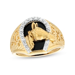 Onyx and 1/8 CT. T.W. Diamond Horse Nugget Ring in 10K Gold