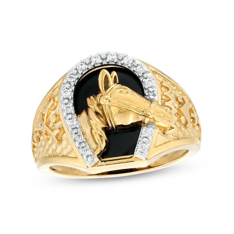 Main Image 1 of Men's Onyx and 1/8 CT. T.W. Diamond Horse Nugget Ring in 10K Gold