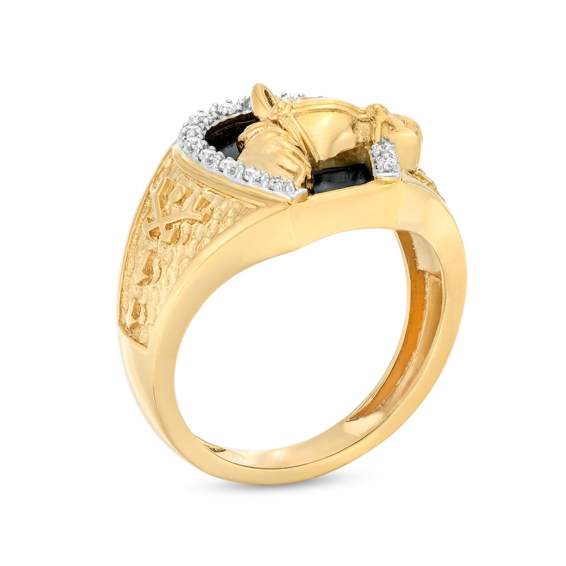 Main Image 3 of Men's Onyx and 1/8 CT. T.W. Diamond Horse Nugget Ring in 10K Gold