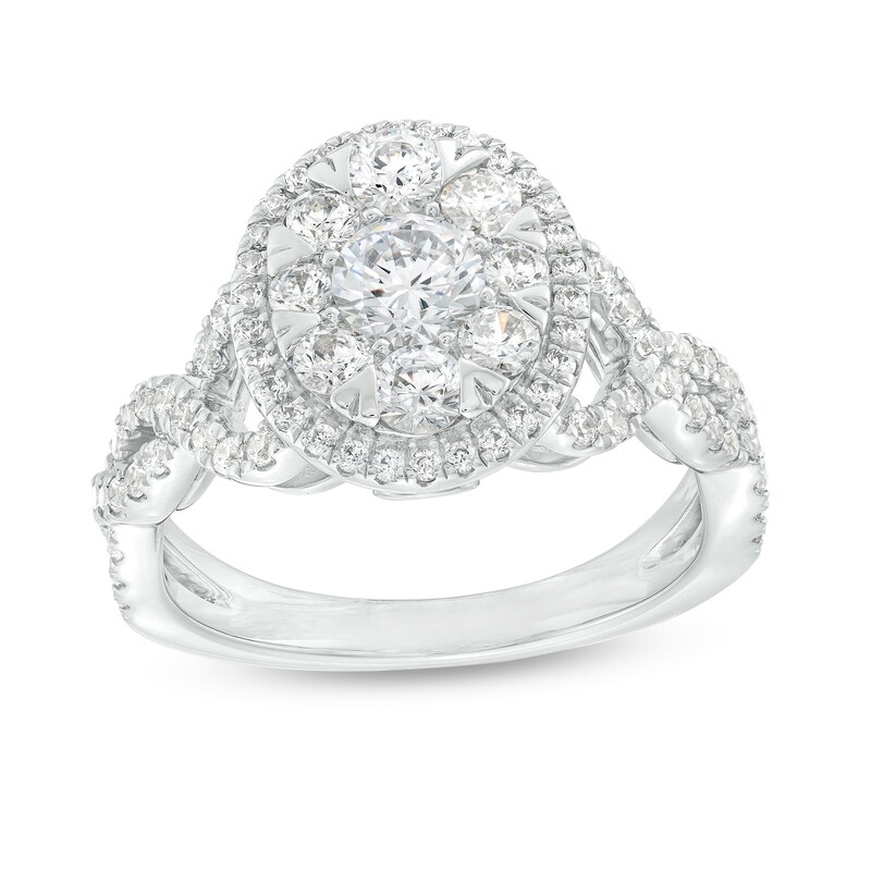 Main Image 1 of 1-1/2 CT. T.W. Oval-Shaped Multi-Diamond Frame Twist Shank Engagement Ring in 14K White Gold (I/I2)