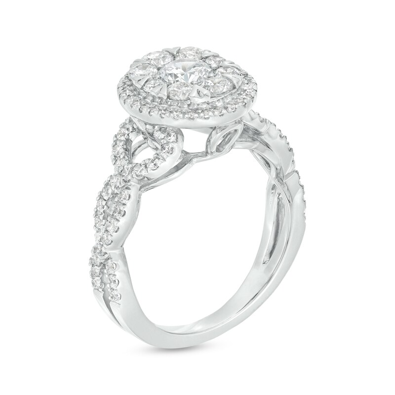 Main Image 3 of 1-1/2 CT. T.W. Oval-Shaped Multi-Diamond Frame Twist Shank Engagement Ring in 14K White Gold (I/I2)