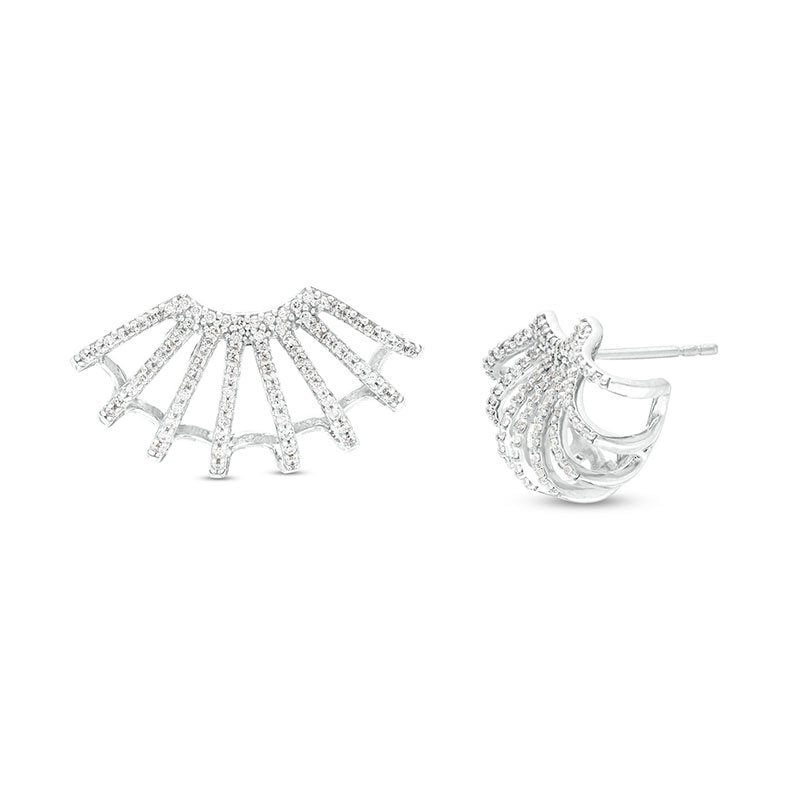 Main Image 1 of 1/2 CT. T.W. Diamond Multi-Row Flared Burst J-Hoop Earrings in Sterling Silver
