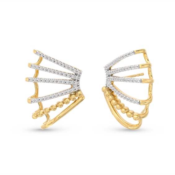 1/3 CT. T.w. Diamond Flared Multi-Row Beaded J-Hoop Earrings in Sterling Silver with 14K Gold Plate