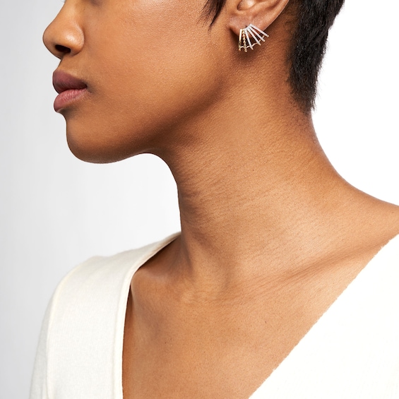 1/3 CT. T.w. Diamond Flared Multi-Row Beaded J-Hoop Earrings in Sterling Silver with 14K Gold Plate
