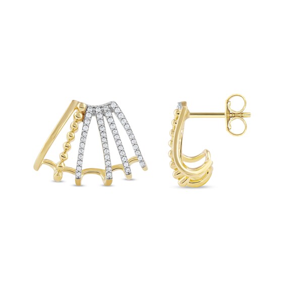 1/3 CT. T.w. Diamond Flared Multi-Row Beaded J-Hoop Earrings in Sterling Silver with 14K Gold Plate