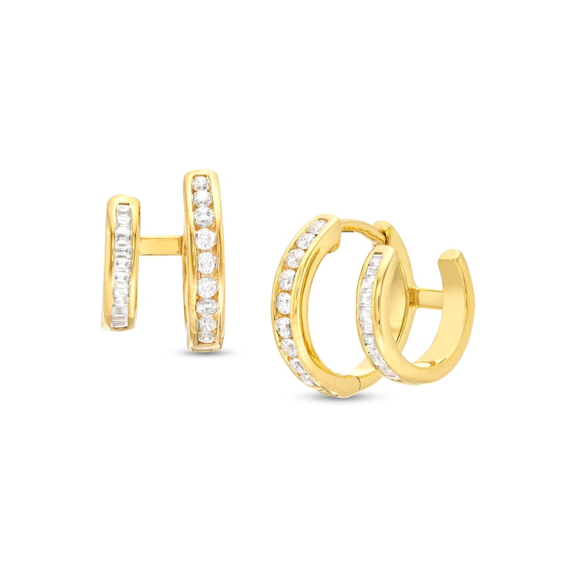 Main Image 1 of 1/2 CT. T.W. Baguette and Round Diamond Double Row Huggie Hoop Earrings in 10K Gold