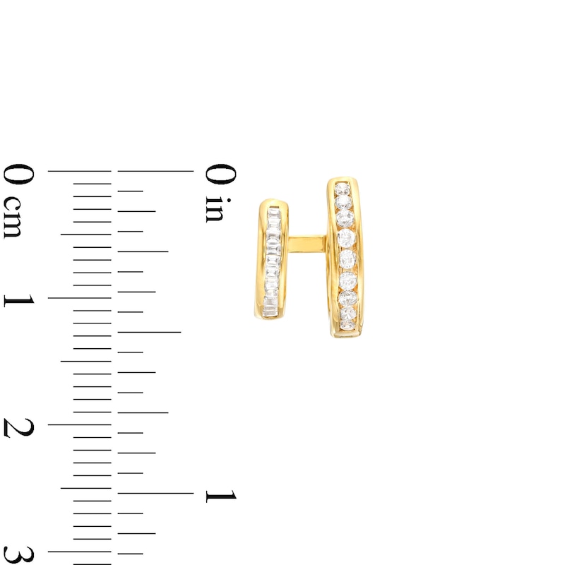 Main Image 3 of 1/2 CT. T.W. Baguette and Round Diamond Double Row Huggie Hoop Earrings in 10K Gold