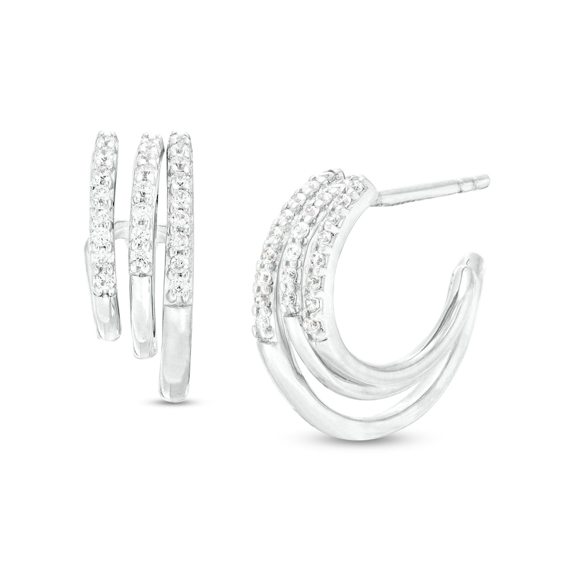 Main Image 1 of 1/6 CT. T.W. Diamond Graduated Triple Row J-Hoop Earrings in Sterling Silver