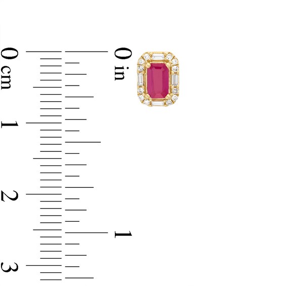 Emerald-Cut Ruby and 1/6 CT. T.w. Diamond Frame Stud Earrings in 10K Gold
