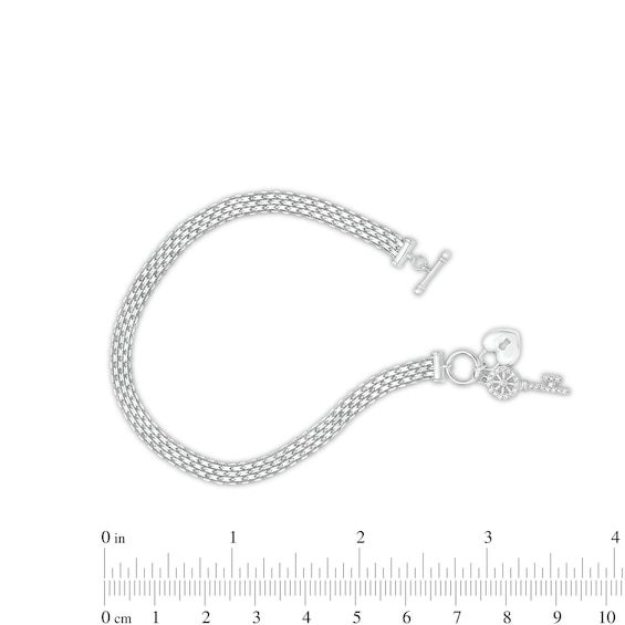 1/10 CT. T.w. Diamond Heart Lock and Key Dangle Charm Bracelet in Sterling Silver - 7.25"